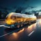Cargo Trailer Drives on the Road. Futuristic Technology Concept: Autonomous Self-Driving Lorry Cargo Trailer Drives on