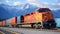 Cargo train. Freight train with cargo containers. Train wagons carrying cargo containers for shipping companies.