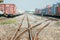 Cargo train platform with freight train container at depot