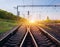 Cargo train platform at sunset. Railroad in Ukraine. Railway