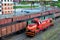 Cargo train in sorting freight railway station, rail freight transport