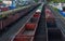 Cargo train in sorting freight railway station, rail freight transport