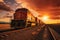 Cargo train at sunset. International train transport