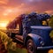 Cargo truck carrying blue wine grape fruit in a vineyard with sunset.