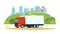 Cargo truck with driver on the road against the backdrop of a rural landscape. Vector flat style illustration