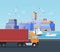 Cargo truck riding on road sea port. City landscape with boat and yacht dock harbor street district