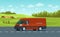 Cargo van with driver on the road against the backdrop of a rural landscape. Vector flat style illustration