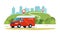 Cargo van with driver on the road against the backdrop of a rural landscape. Vector flat style illustration
