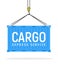 Cargo vector crane blue box flat illustration. Cargo metal box storage design side view on white