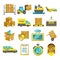 Cargo vector icon set isolated. Airplane, harbor ships, logistic conveyer