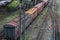 Cargo wagon, railway carriage, rail freight cars on rails