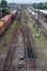 Cargo wagon, railway carriage, rail freight cars on rails