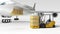 Cargo wide-body plane and aircraft passenger loader near terminal 3D
