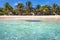 Caribbean beach with gazebo and lounge chairs, Montego Bay, Jamaica
