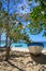 Caribbean Beach in Small Tropical Fishing Village. Clear Waters. Fishing Boats. Summer Day. Blue Skies. Dominican Republic