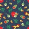 Caribbean folk art with coconut, hibiscus flower, mango, fish and watermelon on navy background.