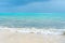 Caribbean sea coast. Blue sky with clouds and turquoise water. Travel photo, background, wallpaper. Copy space. Place for text. Yu