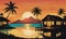 Caribbean Sunset Serenity: Bungalow Silhouettes in Reflective Tranquility