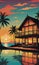 Caribbean Sunset Serenity: Bungalow Silhouettes in Reflective Tranquility