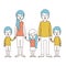 Caricature color sections and blue hair of family with young parents and little kids taken hands