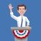 Caricature of Pete Buttigieg, standing speaking and gesturing.