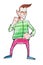 Caricature portrait of cool middle-aged man in bright clothing standing smiling bunching fists. Cartoon male character