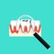 Caries dental problems. Tooth with caries icon with magnifier. Big hole in the human teeth on isolated background. EPS 10 vector