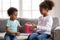 Caring African American girl present gift box to small brother