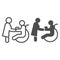 Caring for a disabled person line and solid icon, disability concept, nurse and wheelchair user sign on white background
