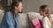 Caring single mother congratulate preteen daughter with birthday give gift