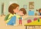 Caring young mother giving goodbye kiss to cute little son at kindergarten vector flat illustration