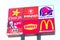 Carl`s Jr., Popeyes, Taco Bell, KFC, Denny`s and McDonald`s fast food restaurants logos on road sign. Interstate highway