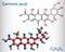 Carminic acid molecule. It is used in foods, pharmaceuticals. Structural chemical formula and molecule model