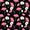 Carnation flowers on dark background, mixture of watercolor and ink graphics hand-drawn illustration, seamless pattern