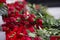 Carnation flowers symbol of mourning - candle in the wind and red flower on the monument, close up