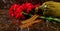 Carnations, against the background of the monument, with the Gergiev ribbon and military flask