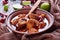 Carne Adobada in a bowl, close-up