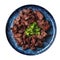 Carne Asada On A Blue Abstraction Round Plate On Isolated Transparent Background Mexican Food. Generative AI