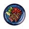 Carne Asada On A Blue Abstraction Round Plate On Isolated Transparent Background Mexican Food. Generative AI