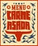 Carne asada, Grilled meat Barbecue spanish text, vector lettering icon design western style