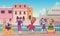 Carnival background. Venetian entertainment fashioned characters dancing in beautiful costumes and masks exact vector