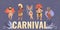 Carnival banner with funny characters of dancers and drummers in traditional costumes and headdresses for samba decorated with