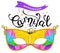 Carnival banner. Multicolored carnival mask, with the calligraphic inscription Carnival on white background.