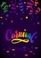 Carnival Calligraphy Inscription Rainbow Colors Poster. Celebration festive Illustration on Mysterious Violet Confetti