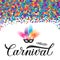 Carnival calligraphy lettering with colorful confetti, mask and feather. Masquerade party poster or invitation. Vector template