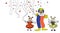 Carnival Clown and Toddler in front of Confetti and Garlands