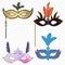 Carnival face masks with feathers and handle. Set of decoration for masquerade party. Vector.