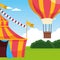 Carnival fair tent and hot air balloon over landscape background