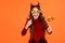 Carnival festive costume of witch. kid with party accessory. child celebrate autumn holiday. teenage girl in devil horns