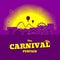 Carnival funfair banner. Amusement park with circus, carousels, roller coaster, attractions on sunset city background